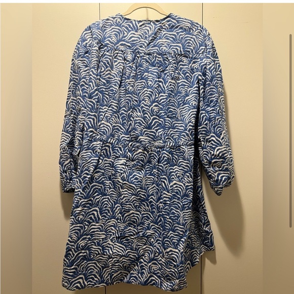 H&M Blue and White Cotton Mini Dress with Puff Sleeves Size Large - Picture 2 of 3